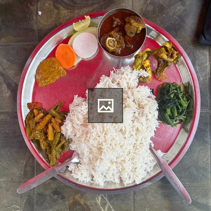 Rice and curry on metal plate