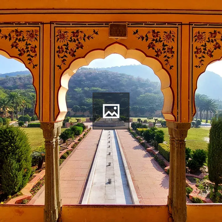 Three yellow arches at Sisodia Rani ka Bagh