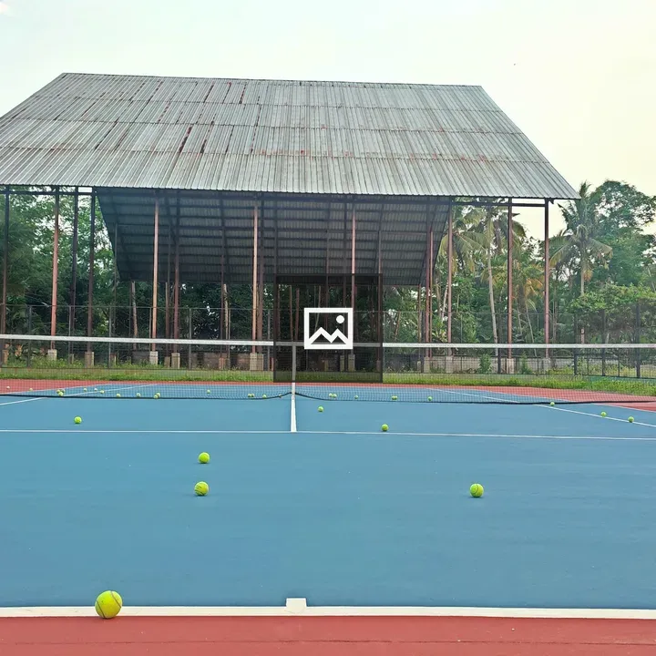 Tennis court with balls scattered