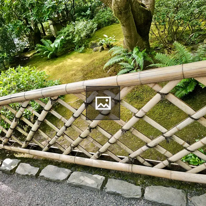 Diagonal bamboo fence by mossy garden