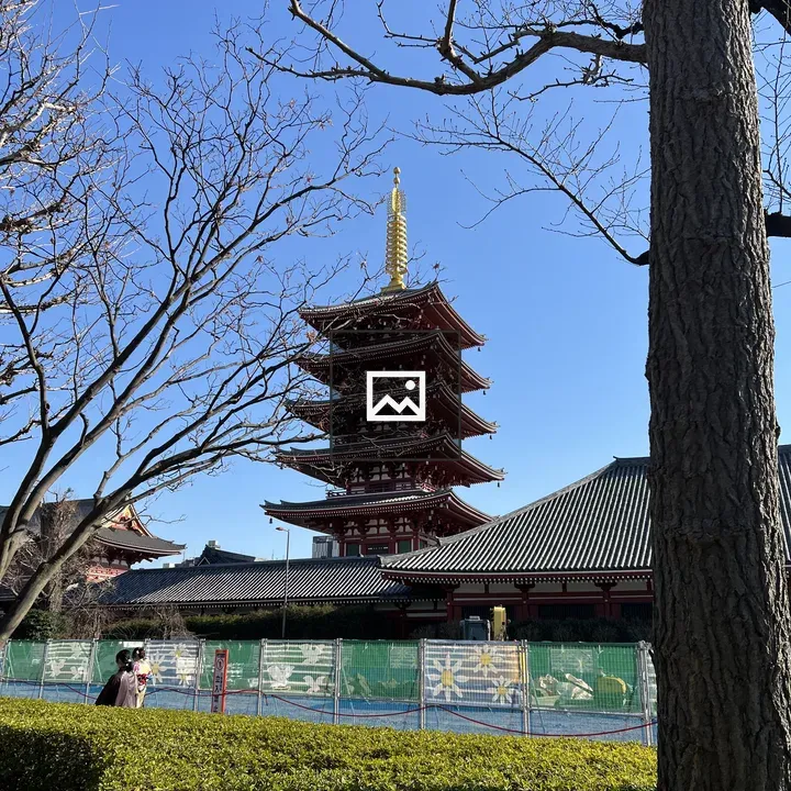 Five-story Japanese Pagoda through Trees