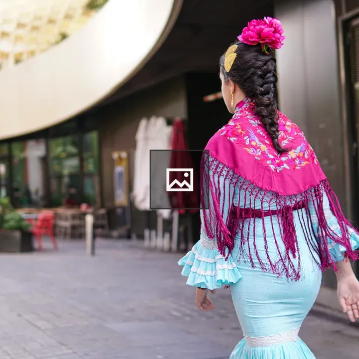 Woman in Blue Dress and Pink Shawl