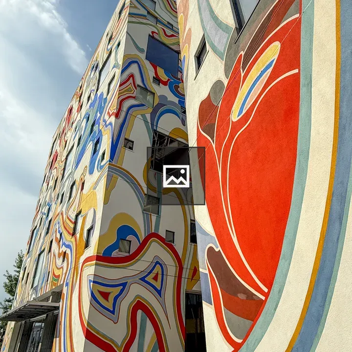 Brightly painted six-story building in Portland